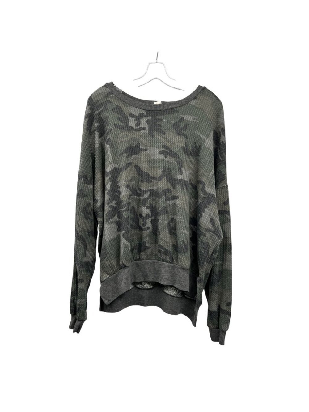 Fantastic Fawn Womens Camo Top Waffle Knit Long Sleeve Green/Gray Size Small